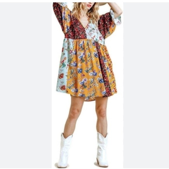 Umgee Dresses & Skirts - Umgee USA Floral Patchwork Mini Dress V-Neck Boho Babydoll Multi Womens S